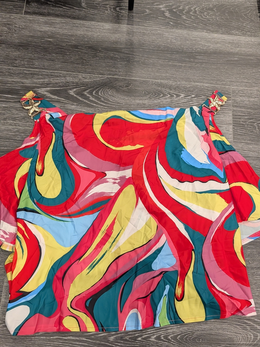 SHEIN Multicolor Abstract Swirl Off-Shoulder Top - Red, Yellow, Teal, Pink, Blue